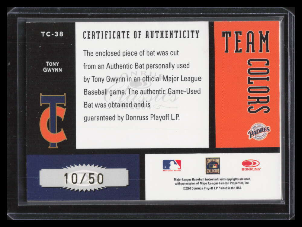 2004 Donruss Classics Team Colors Bat 38 Tony Gwynn Bat 10/50