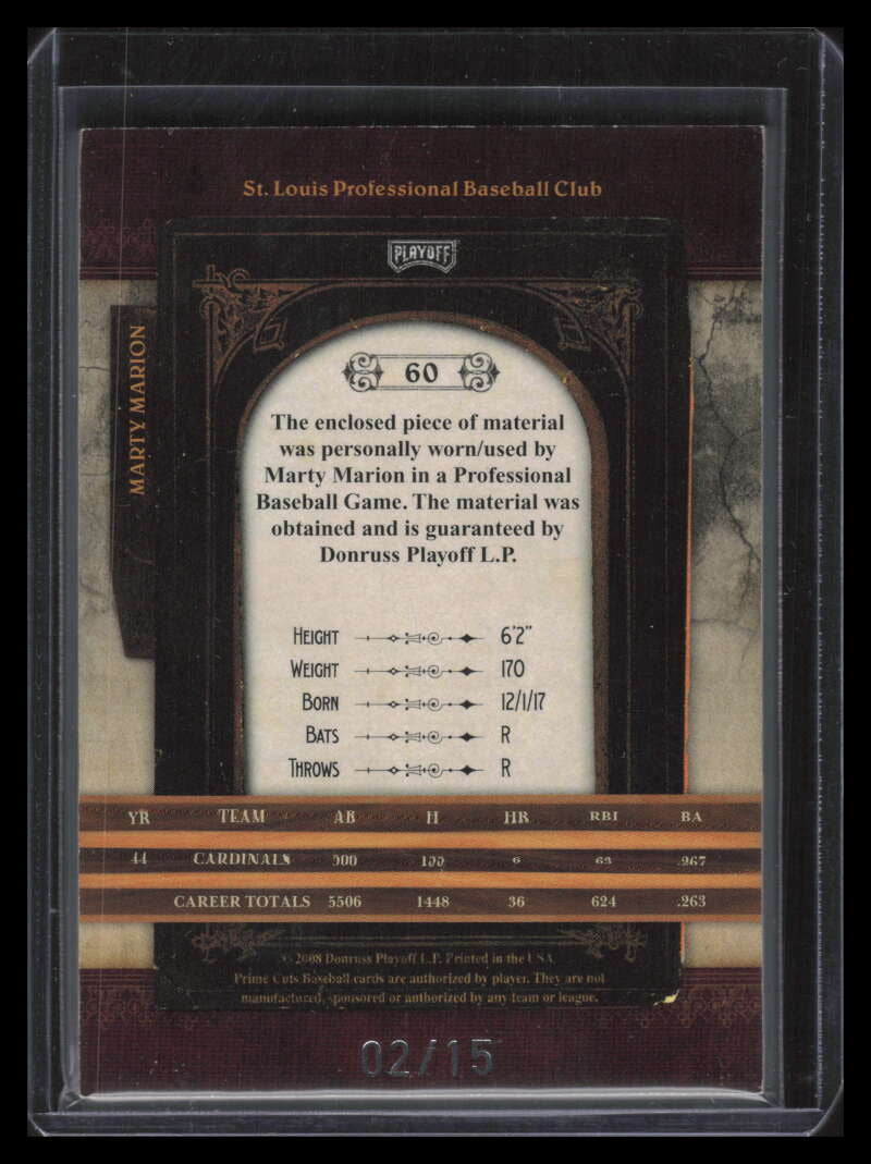 2008 Prime Cuts Jersey Number 60 Marty Marion Jersey 2/15