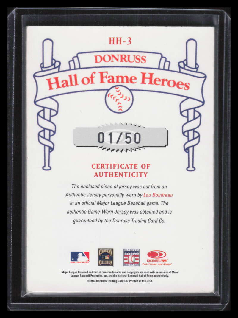 2003 Diamond Kings HOF Heroes Reprints Materials 3 Lou Boudreau Jersey 1/50