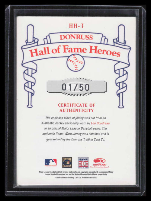 2003 Diamond Kings HOF Heroes Reprints Materials 3 Lou Boudreau Jersey 1/50