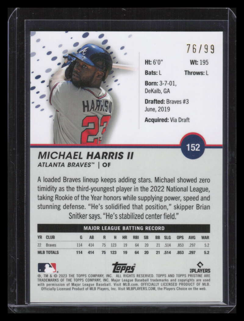 2023 Topps Pristine Purple Refractor 152 Michael Harris II Rookie 76/99