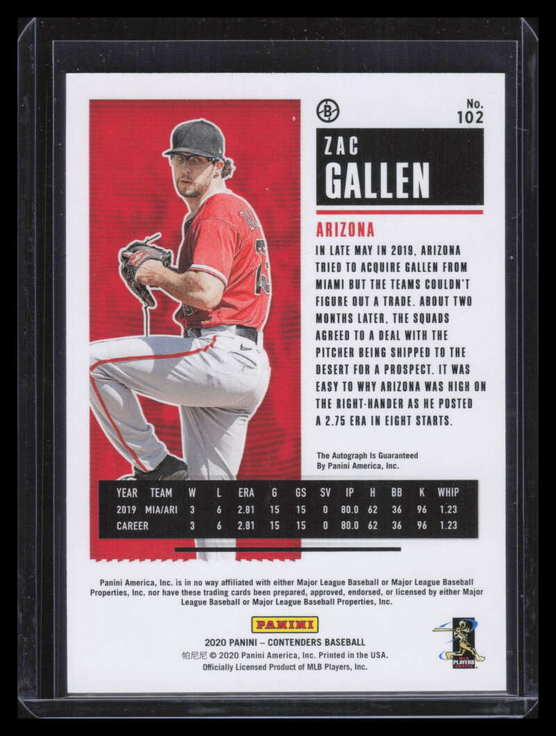 2020 Panini Contenders Variations Ticket Red 102 Zac Gallen Rookie Auto 49/75