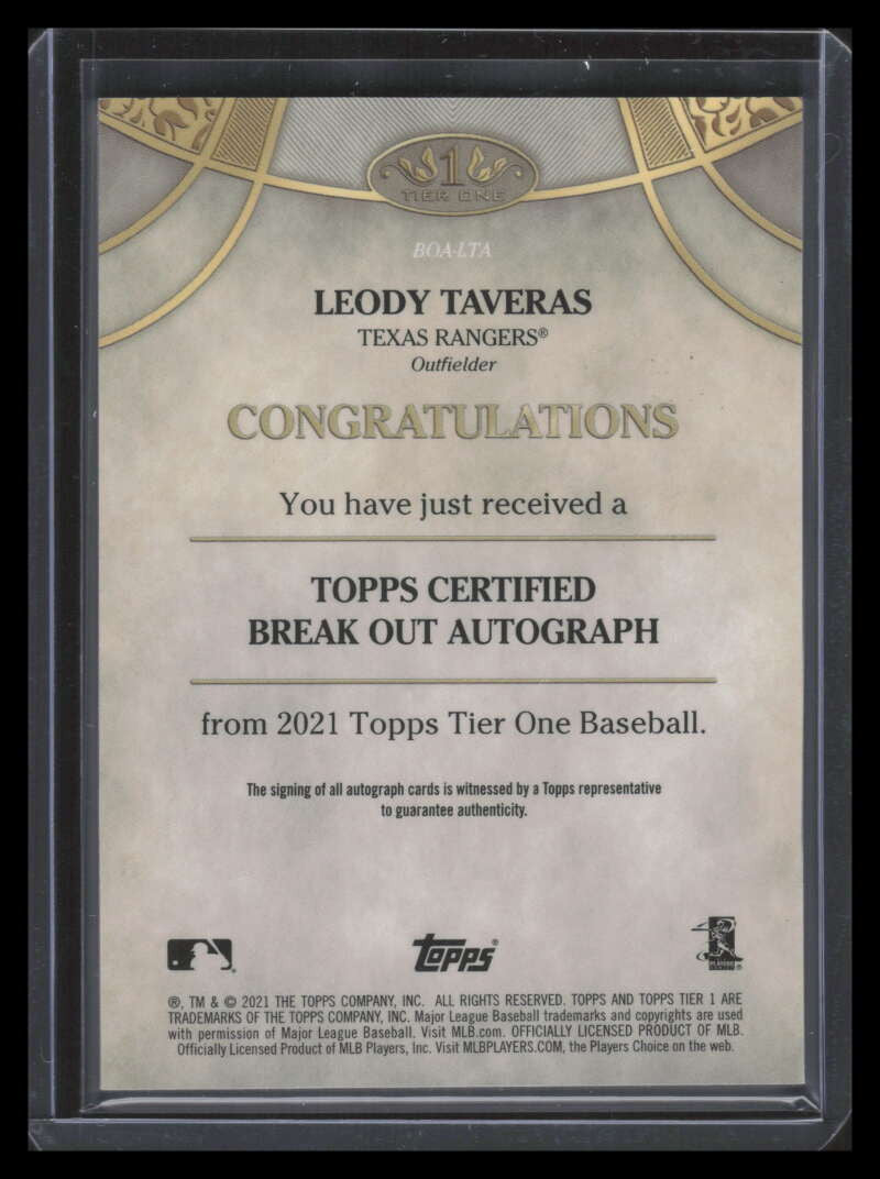 2021 Topps Tier One Break Out Autographs Silver Ink Leody Taveras RC Auto 8/10