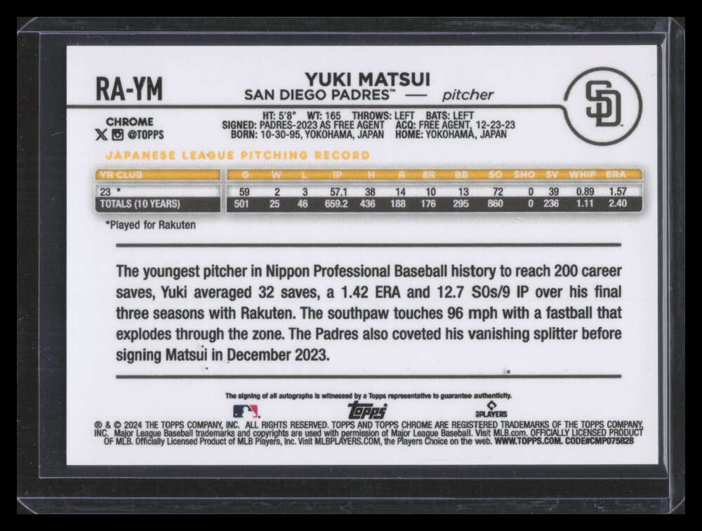 2024 Topps Chrome Autographs Purple Refractor Yuki Matsui Rookie Auto 204/250
