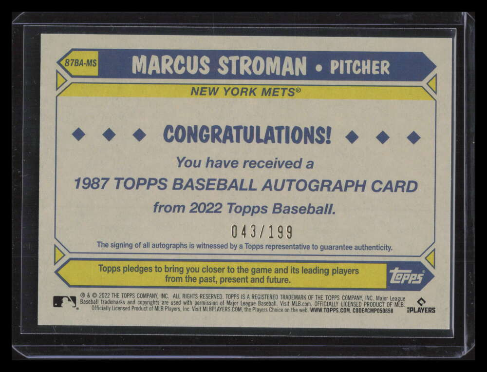 DELETE 155839 2022 Topps '87 Topps Autographs Black 87bams Marcus Stroman Auto 43/199