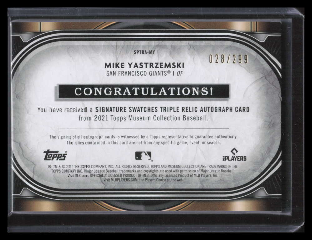 2021 Topps Museum Signature Swatches Mike Yastrzesmki Triple Jersey Auto 28/299