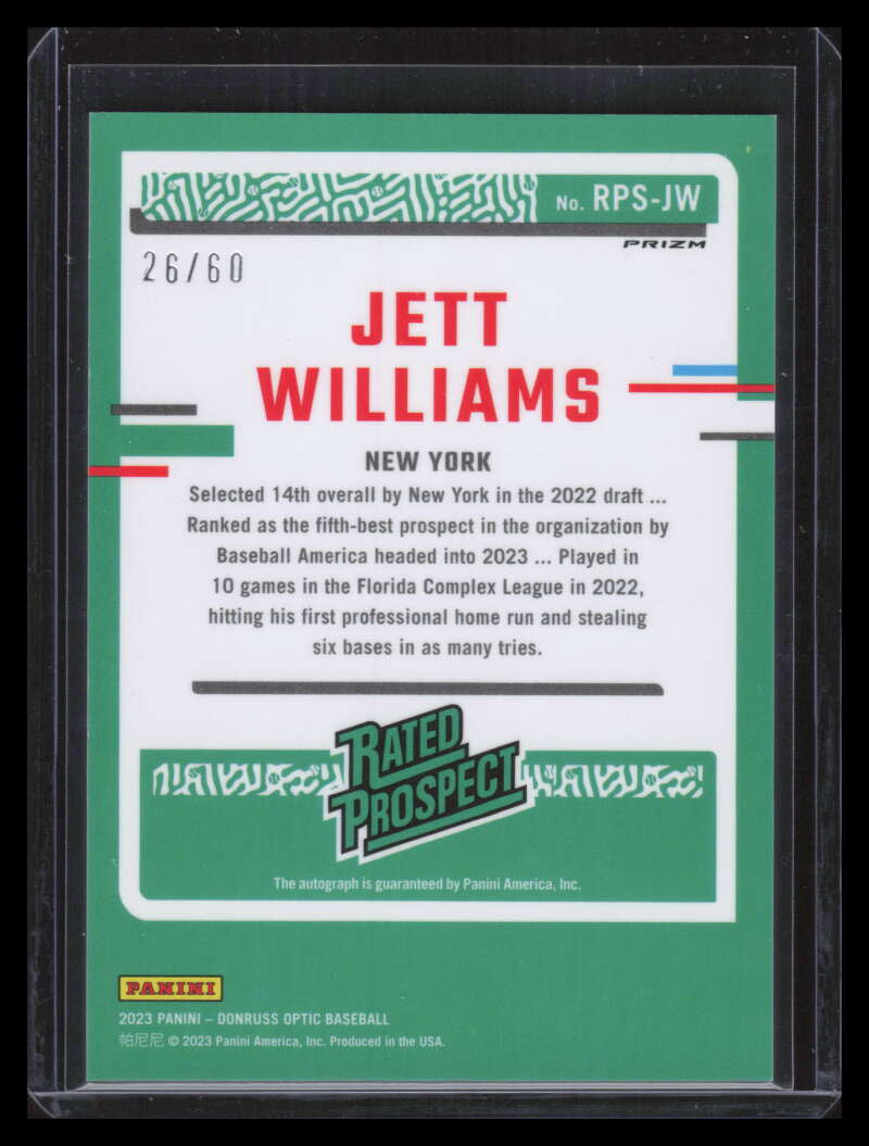 2023 Donruss Optic Rated Prospects Signatures Red Jett Williams Rookie Auto /60