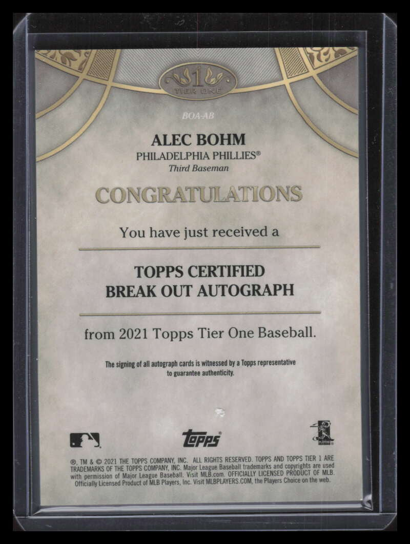 2021 Topps Tier One Break Out Autographs BOAAB Alec Bohm Rookie Auto 51/150