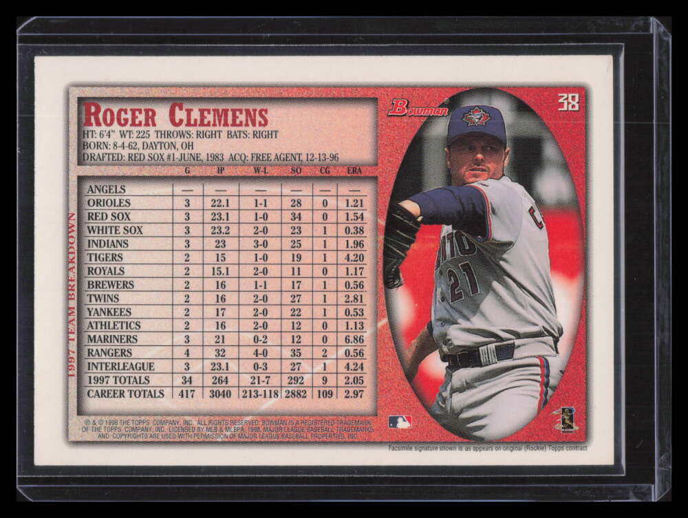 2024 Bowman Buyback Autographs Roger Clemens Auto 1/2 1998 Bowman