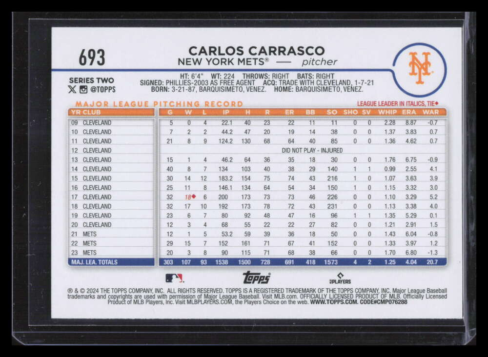 2024 Topps Team Color Border Variations 693 Carlos Carrasco