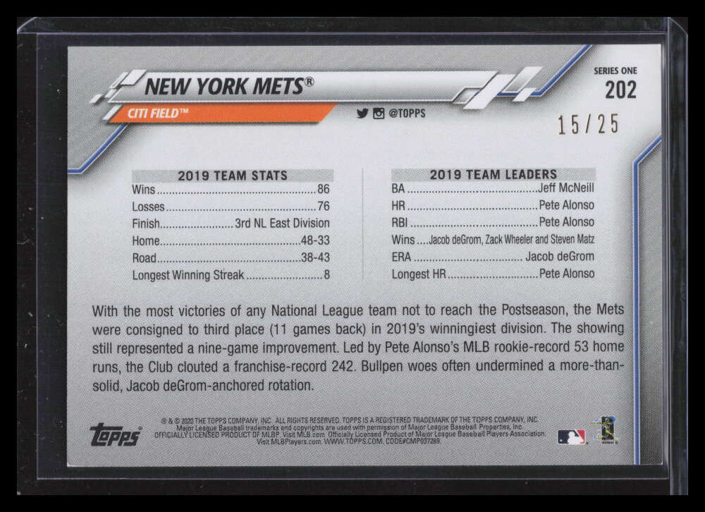 2020 Topps Memorial Day Camo 202 New York Mets TC 15/25 Team Card