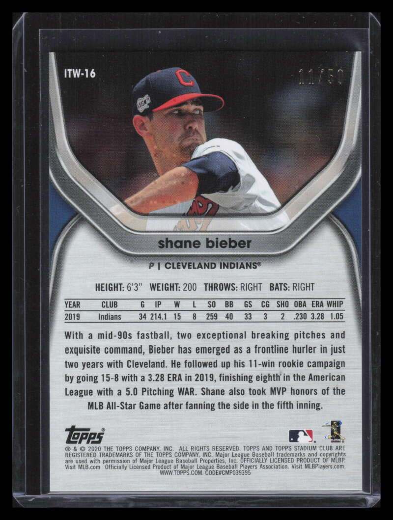 2020 Stadium Club In the Wings Orange itw16 Shane Bieber 11/50