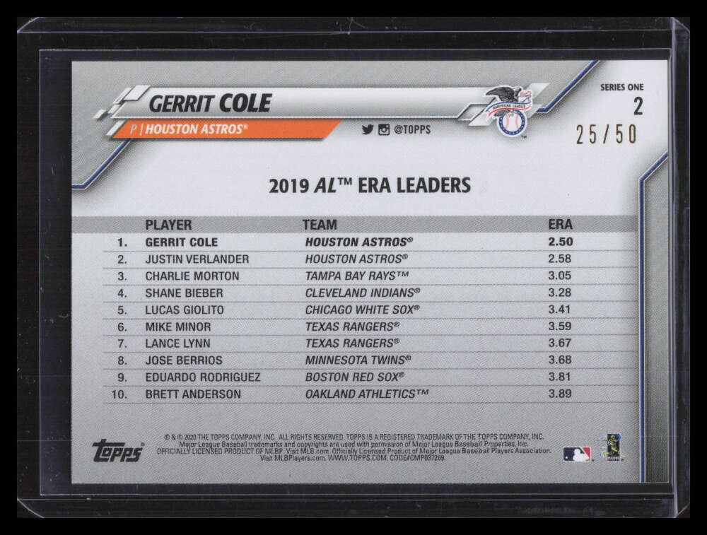 2020 Topps Father's Day Blue 2 Gerrit Cole LL 25/50 League Leaders