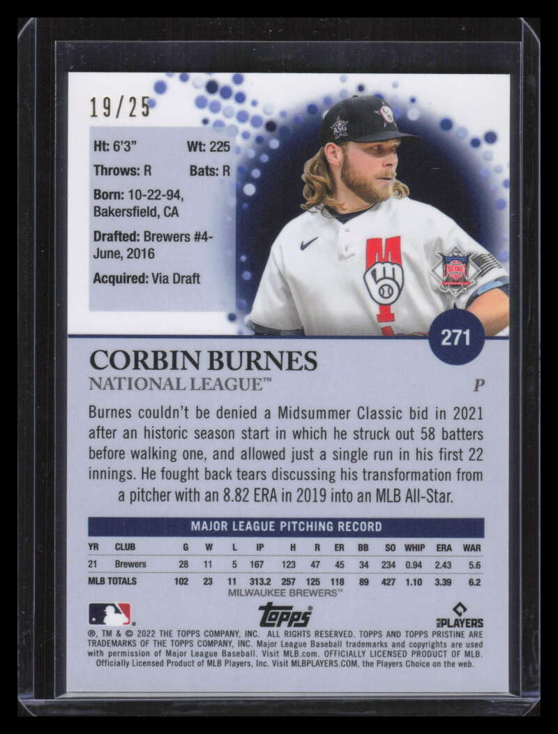2022 Topps Pristine Orange Refractor 271 Corbin Burnes 19/25