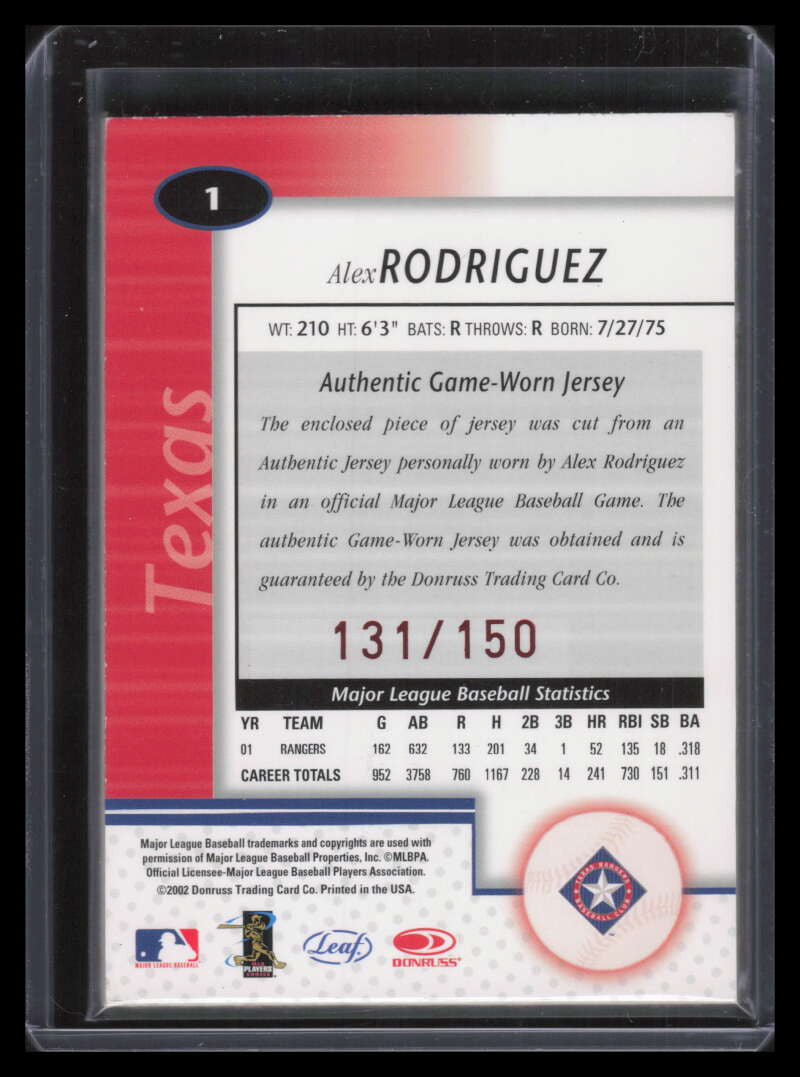 SOLD 156106 2002 Leaf Certified Mirror Red 1 Alex Rodriguez Jersey 131/150