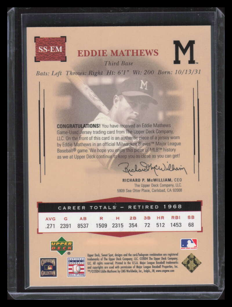2004 Sweet Spot Classic Game Used Memorabilia SSEM Eddie Mathews Jersey 274/275