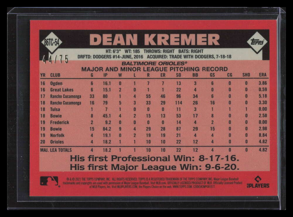 2021 Topps '86 Silver Pack Chrome Purple Refractor 86tc54 Dean Kremer RC 44/75