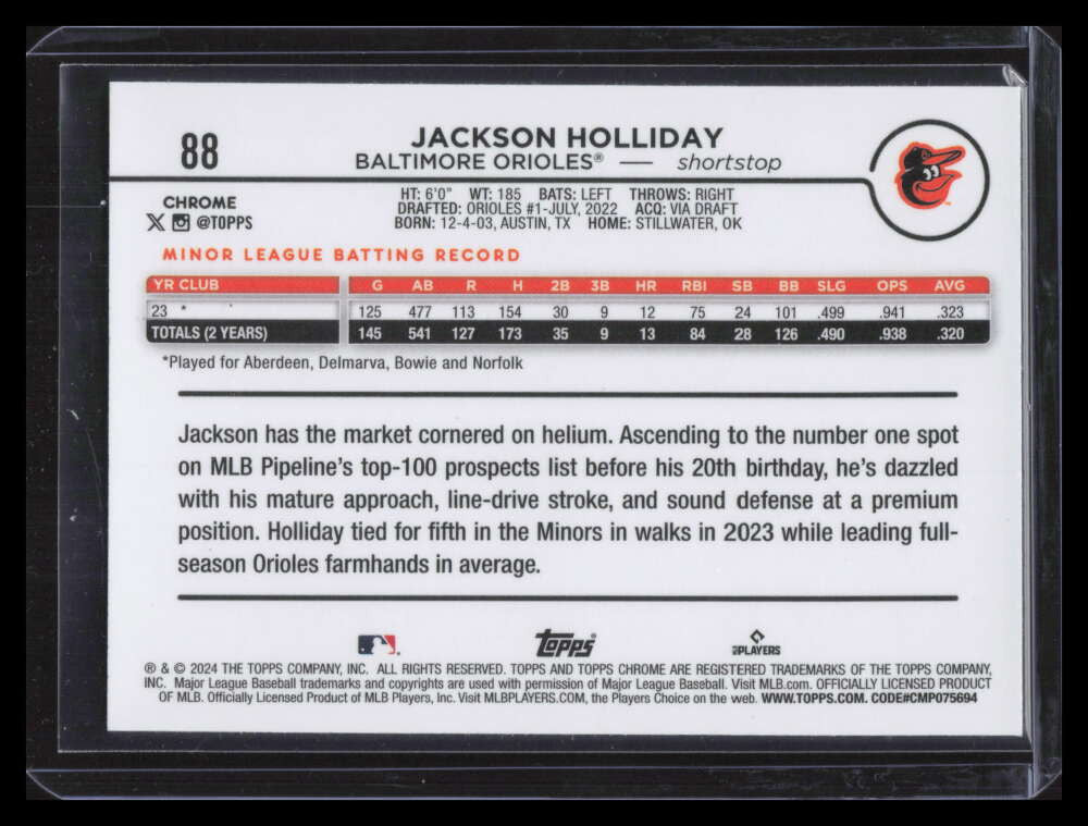 2024 Topps Chrome RayWave Refractor 88 Jackson Holliday Rookie