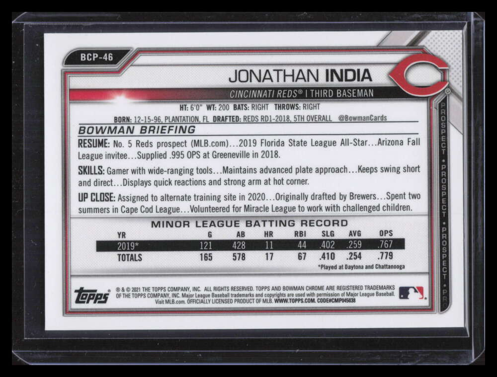 2021 Bowman Chrome Sapphire Orange Refractor bcp46 Jonathan India Rookie 52/75