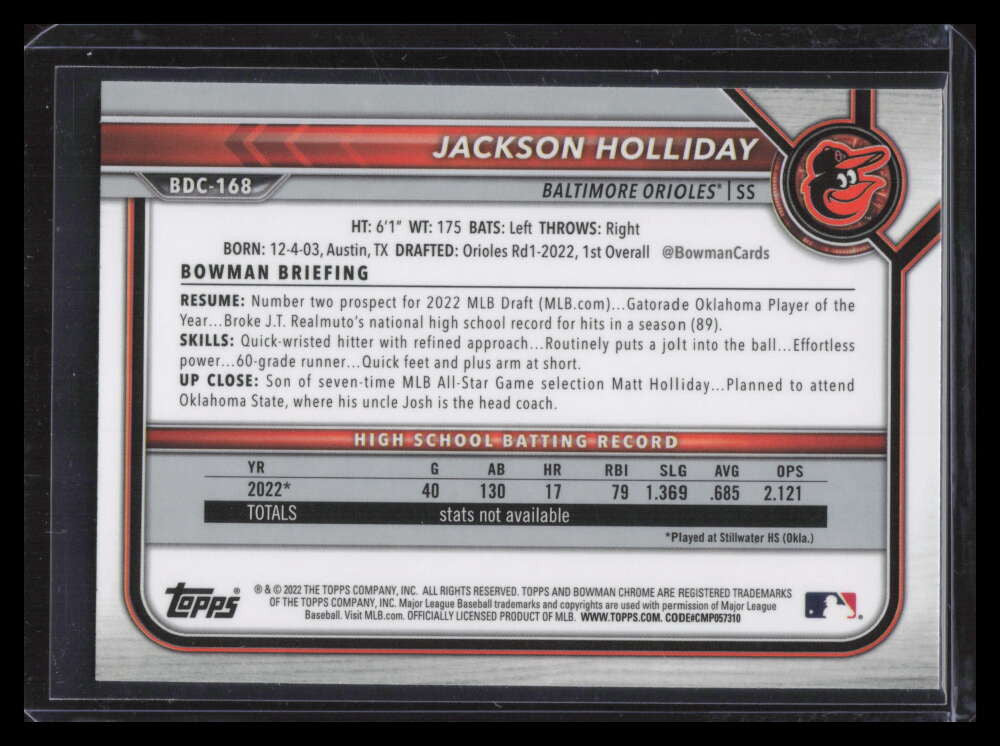 2022 Bowman Chrome Draft bdc168 Jackson Holliday Rookie 144352