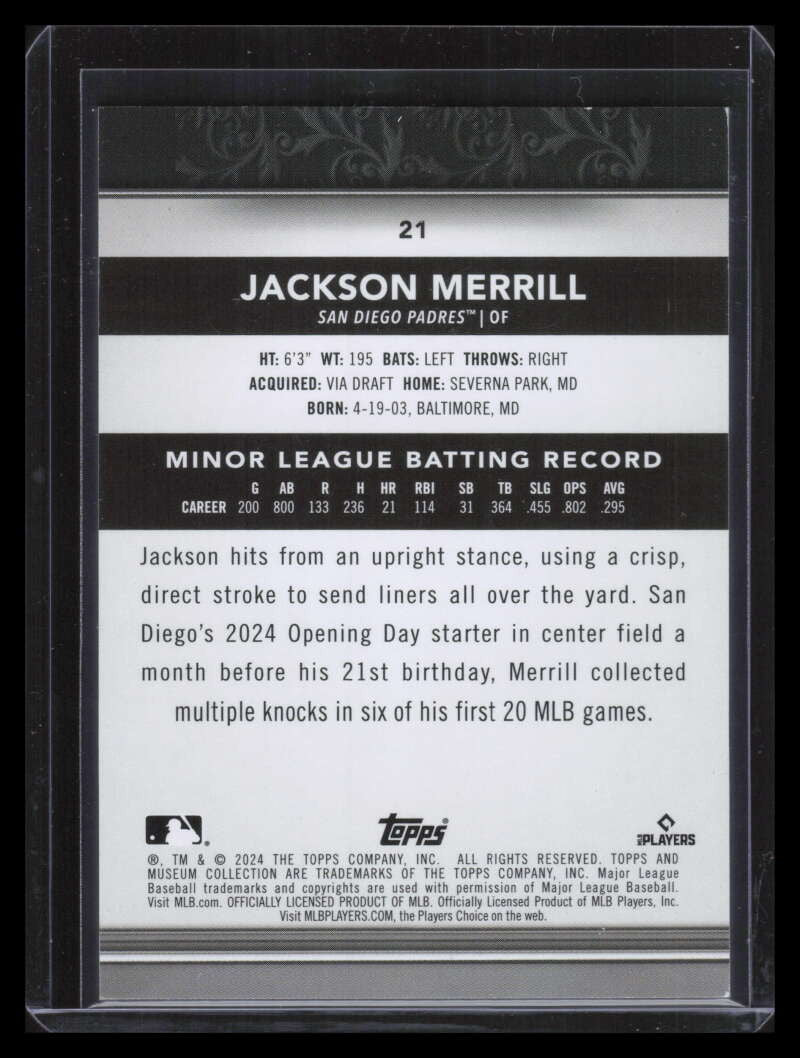 2024 Topps Museum Collection Sapphire 21 Jackson Merrill Rookie 29/150