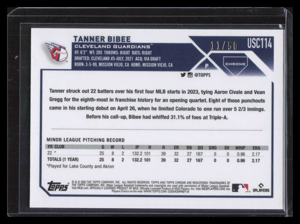 2023 Topps Chrome Update Gold Refractor usc114 Tanner Bibee Rookie 11/50