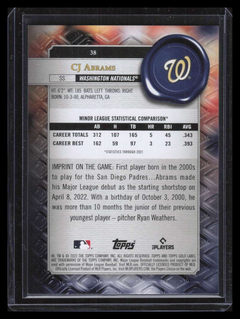 2022 Topps Gold Label Class 3 Red 38 CJ Abrams Rookie 17/25