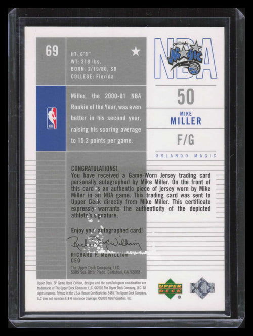 2002-03 SP Game Used Autographed Jerseys 69 Mike Miller Jersey Auto 16/100