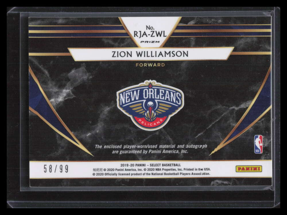2019-20 Select Autographs Prizms Purple Zion Williamson Rookie Jersey Auto 58/99