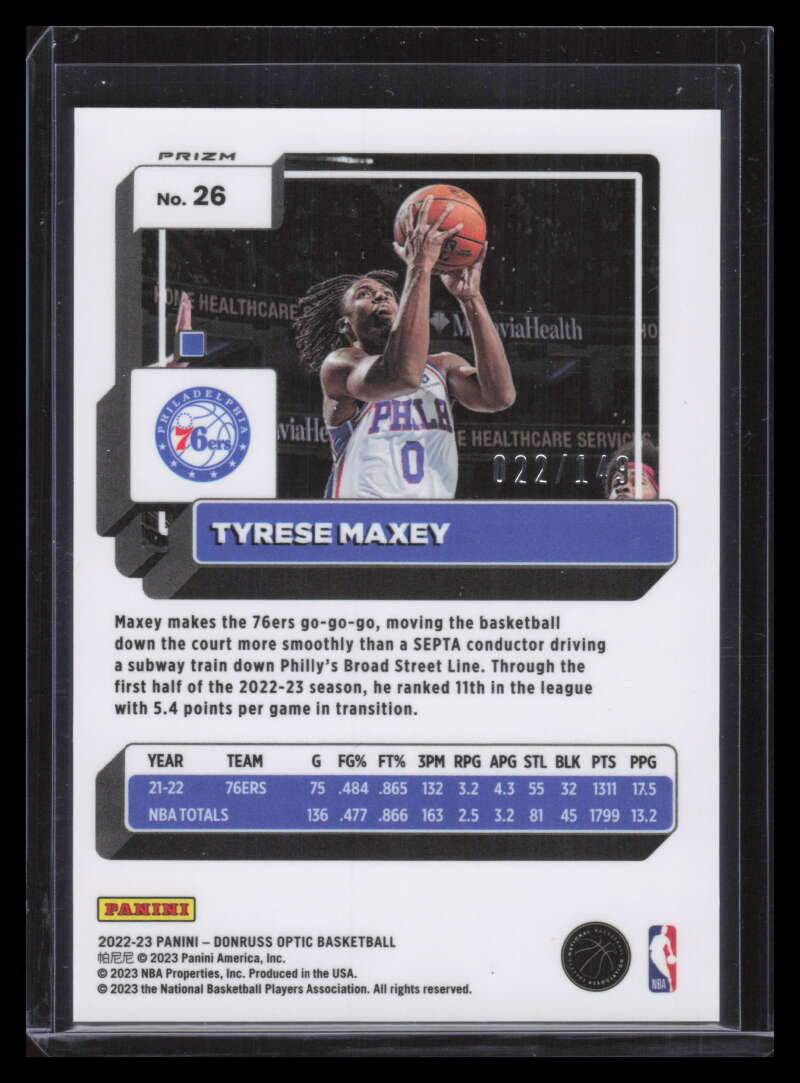 2022-23 Donruss Optic Lime Green Refractor 26 Tyrese Maxey 22/149