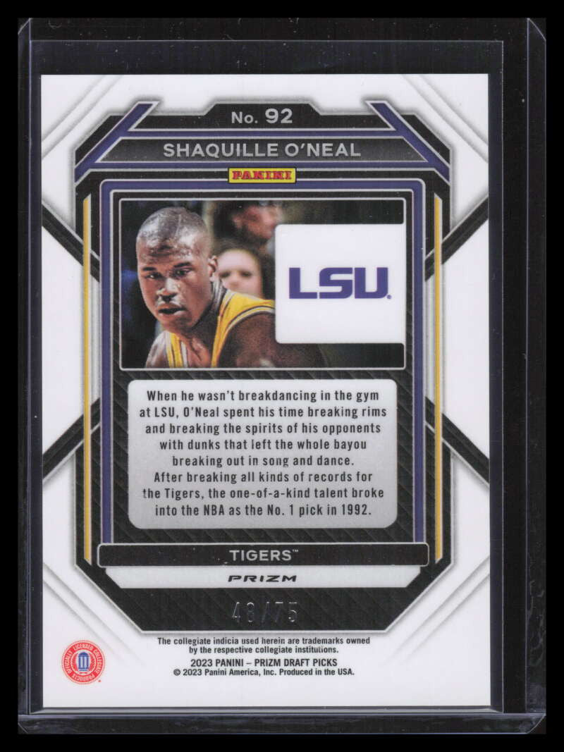 2023-24 Panini Prizm Draft Picks Purple Refractor 92 Shaquille O'Neal 48/75