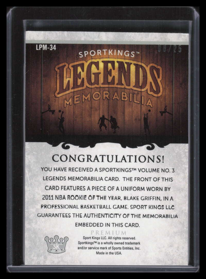 2022 Sportkings Volume 3 Legends Premium Memorabilia Blake Griffin Patch 8/25