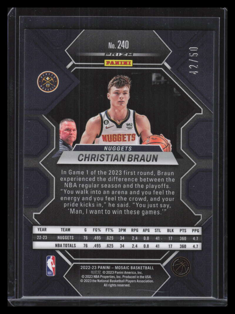 2022-23 Panini Mosaic Fast Break Purple Refractor 240 Christian Braun Rookie /50