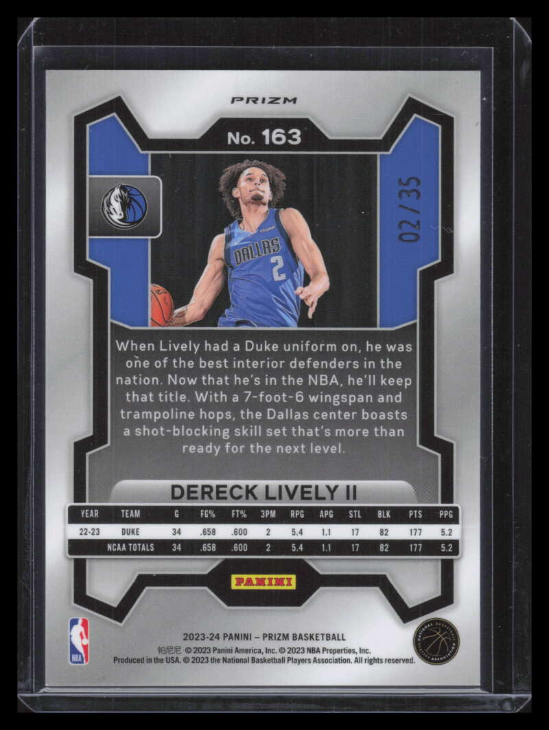 2023-24 Panini Prizm Prizms Purple Pulsar 163 Dereck Lively Rookie 2/35 Jersey #