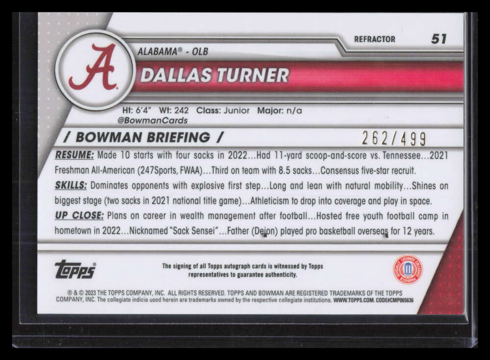 2023 Bowman Chrome University Autographs Refractor Dallas Turner RC Auto 262/499