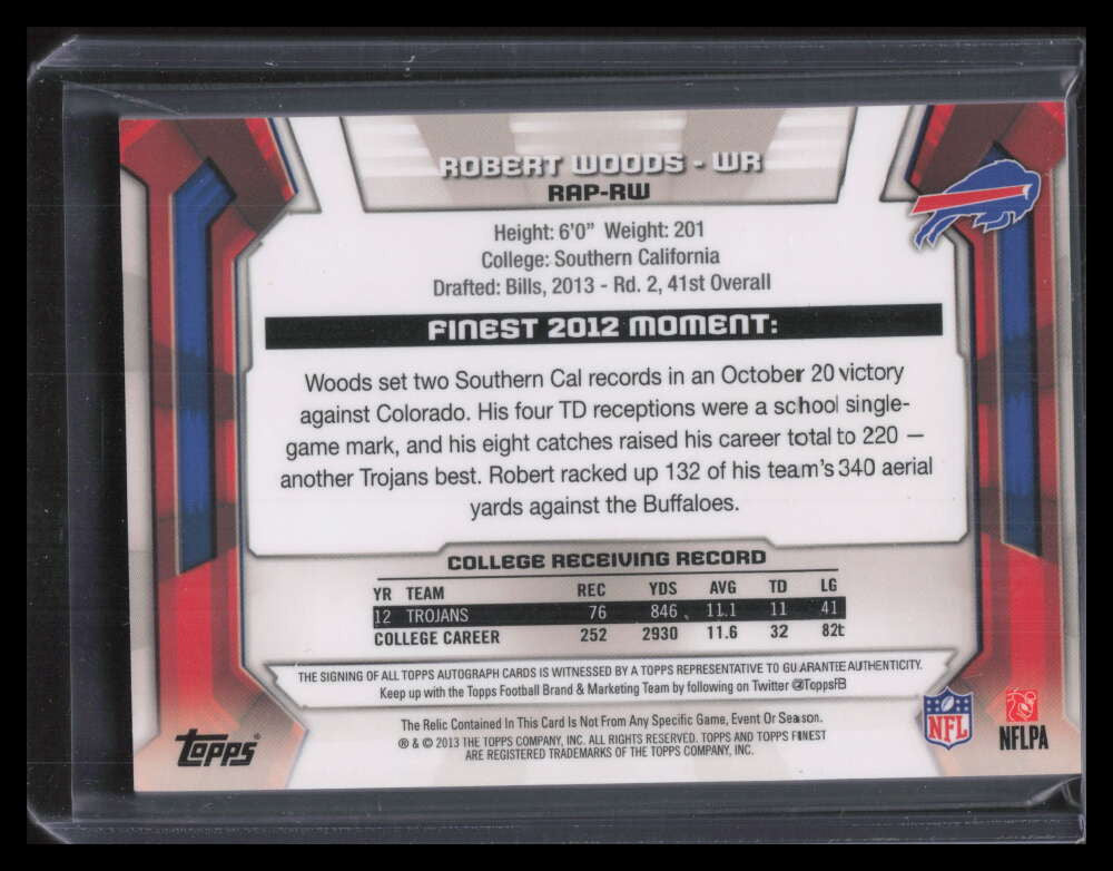 2013 Finest Autographs Blue Refractor RAPRW Robert Woods Rookie Patch Auto 87/99