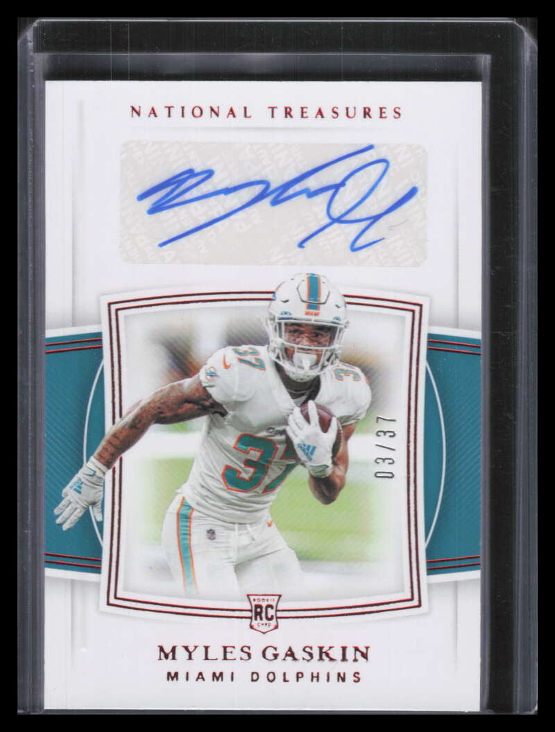 2019 Panini National Treasures Red Jersey Number 105 Myles Gaskin RC Auto 3/37