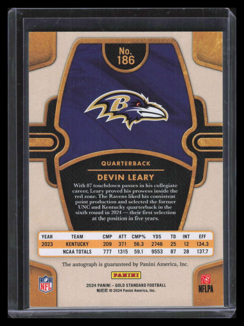 2024 Panini Gold Standard Autographs Sapphire 186 Devin Leary Rookie Auto 4/5