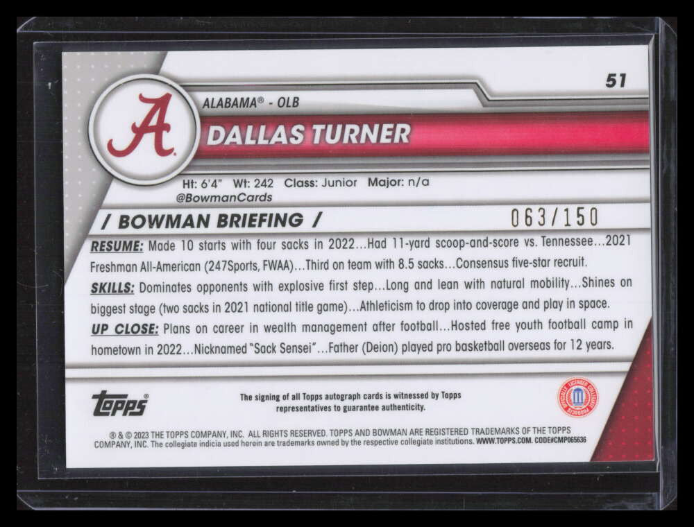 2023 Bowman Chrome U Autographs Fuchsia Refractor Dallas Turner RC Auto 63/150