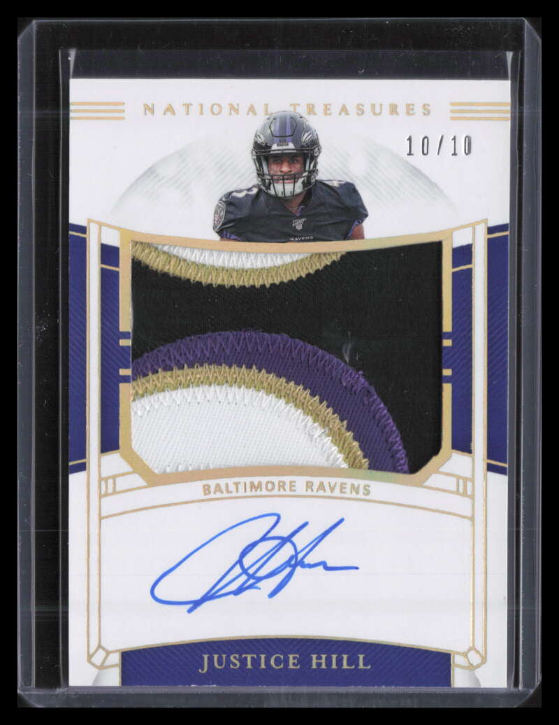 2019 Panini National Treasures Signatures Gold Justice Hill RC Patch Auto 10/10