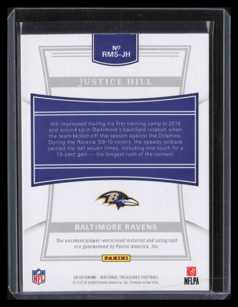 2019 Panini National Treasures Signatures Gold Justice Hill RC Patch Auto 10/10
