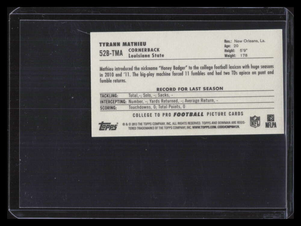 SOLD 156683 2013 Bowman Mini Autographs 52btma Tyrann Mathieu Rookie Auto