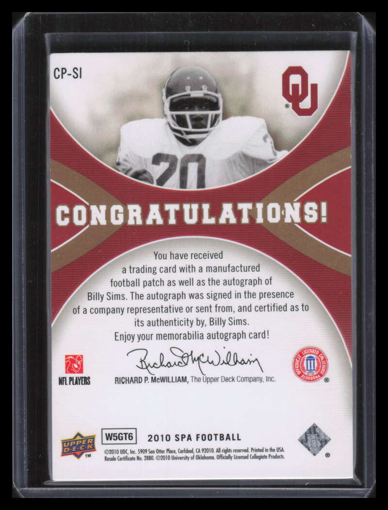 2010 SP Authentic College Pride Patch Autographs SI Billy Sims Patch Auto