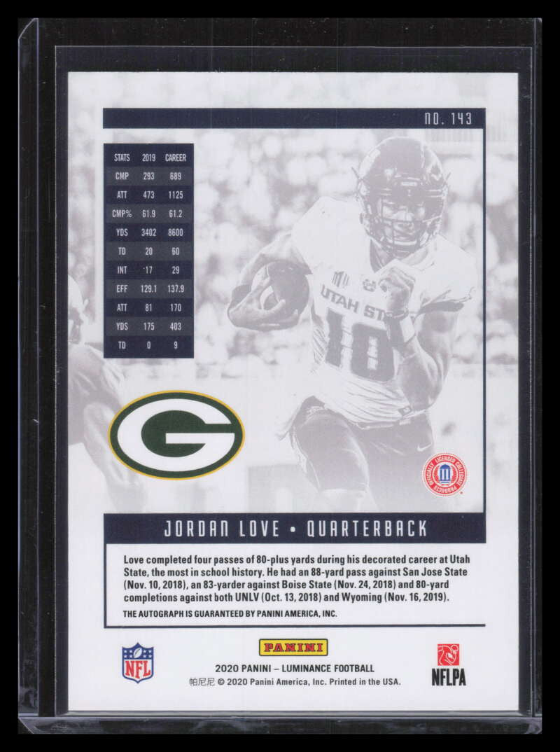 2020 Panini Luminance Rookie Autographs Gold 143 Jordan Love Rookie Auto 27/100
