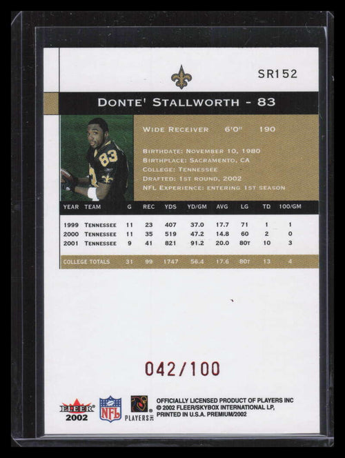 2002 Fleer Premium Star Ruby 152 Donte Stallworth Rookie 42/100