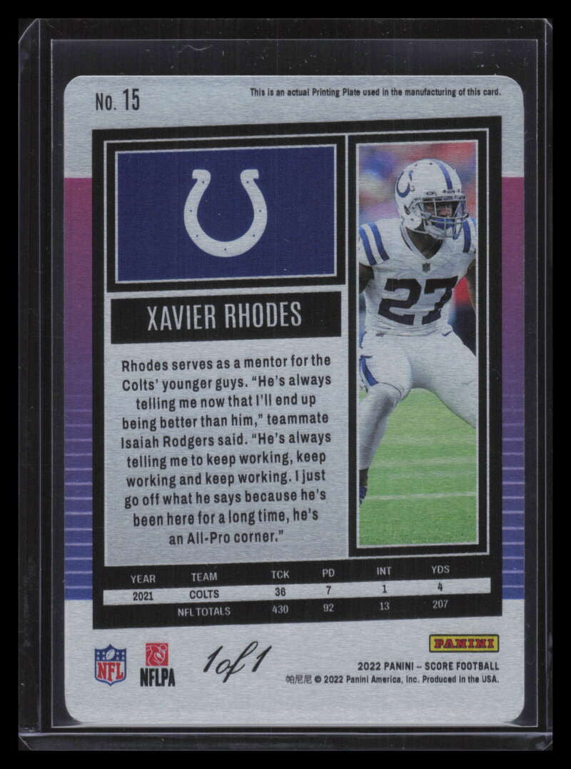 2022 Score Printing Plates Yellow 15 Xavier Rhodes 1/1