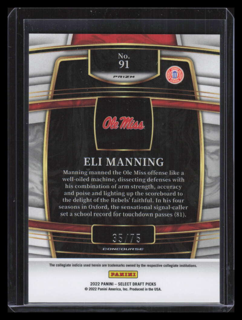 2022 Select Draft Picks Prizms Purple Refractor 91 Eli Manning 35/75 Concourse