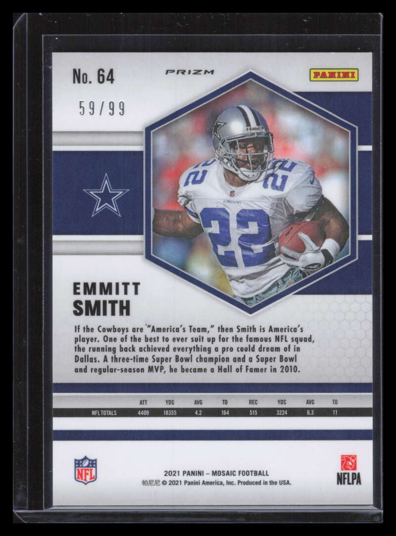 SOLD 157019 2021 Panini Mosaic Mosaic Blue Refractor 64 Emmitt Smith 59/99