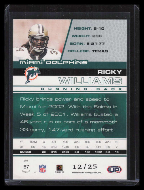 2002 Pacific Heads Up Purple 67 Ricky Williams 12/25
