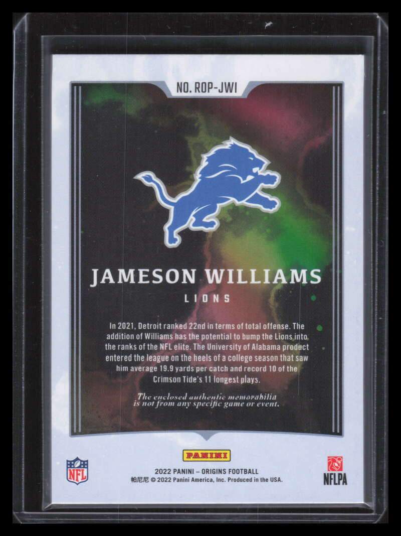 2022 Panini Origins Rookie Patches 7 Jameson Williams Rookie Jersey 24/199